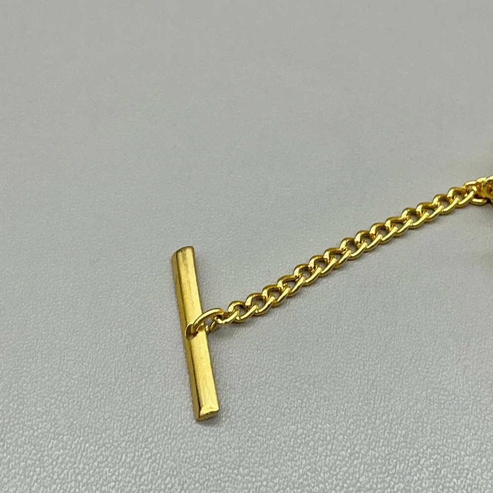 Vintage Gold Tone Tie Pin Flower Rhinestone Tie Tack Chain Bar Men's Accessory